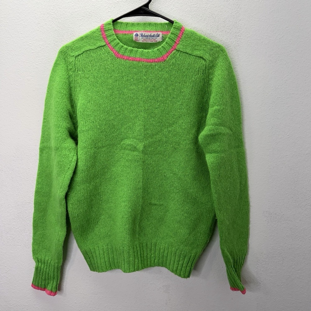 Vintage 80s Robert Scott Shetland Wool Sweater S Neon Lime Green Hot Pink Preppy